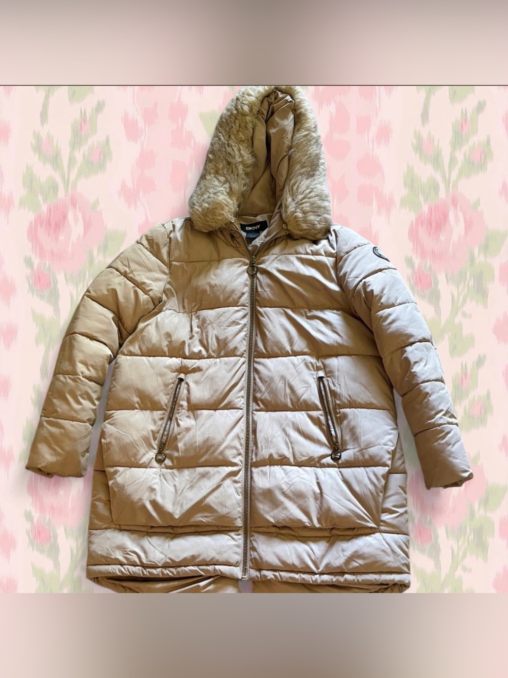 DKNY Grey Puffer Coat with Faux Fur Trim